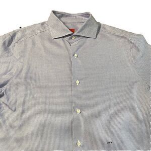 Isaia Napoli Button Up Shirt Mens XL/46 Blue LS Houndstooth Slim Modern Italy